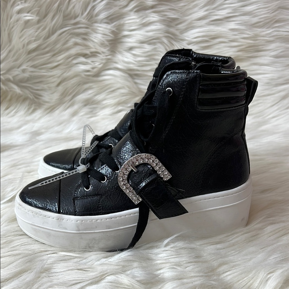 Gianni Bini Black High-Top Sneakers with Rhinestone Buckle - Picture 3 of 8